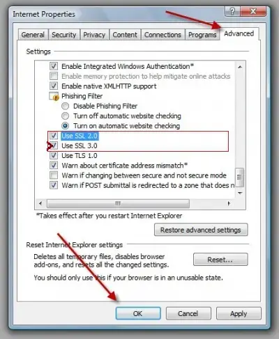  Use SSL 2.0 and Use SSL 3.0 options